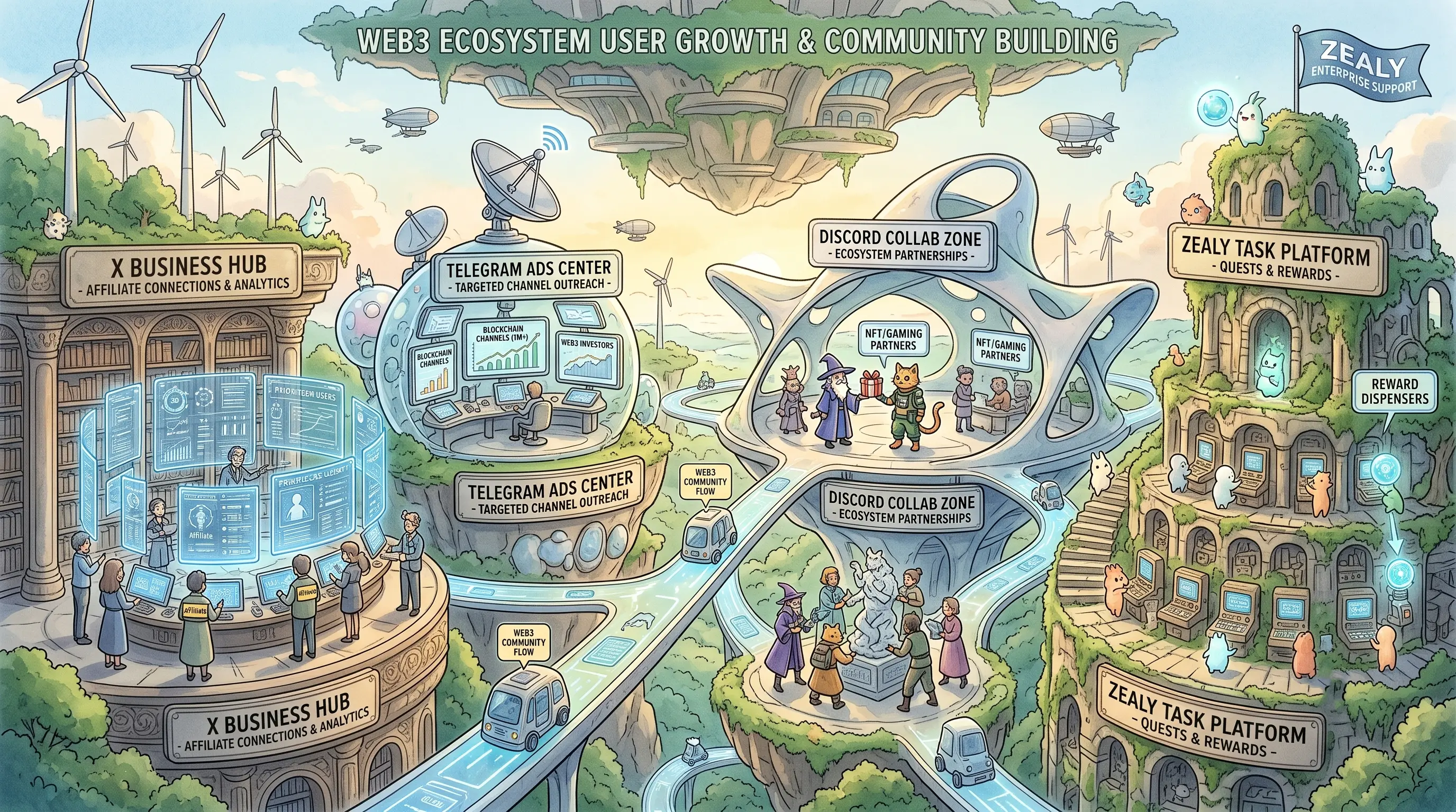 Web3 ecosystem user growth and community building across X, Telegram, Discord and Zealy