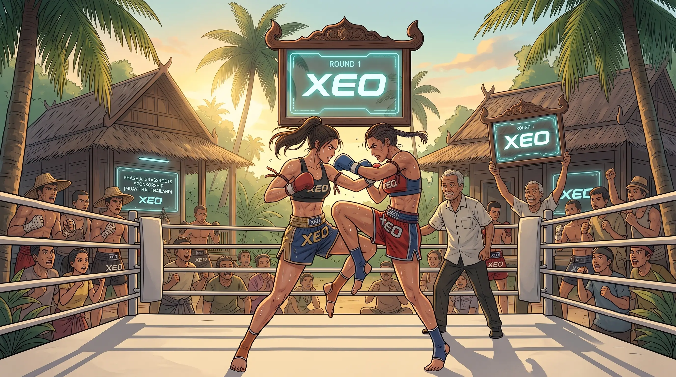 Muay Thai grassroots sponsorship with XEO branding on fighters and round boards