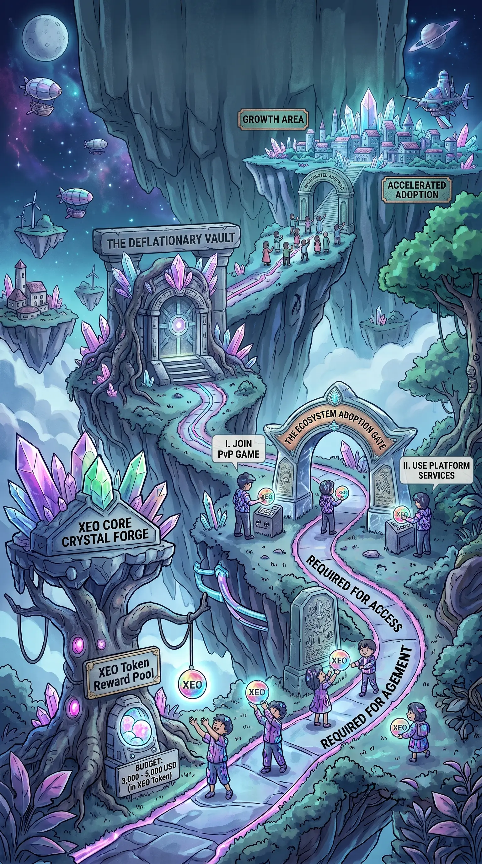 XEO deflationary vault and core crystal forge — the ecosystem adoption reward loop